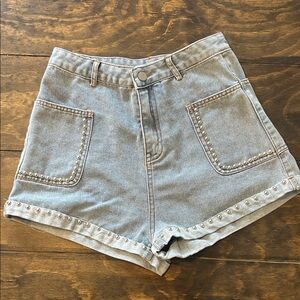 Stud-Trim Light Blue Denim High-Rise Shorts